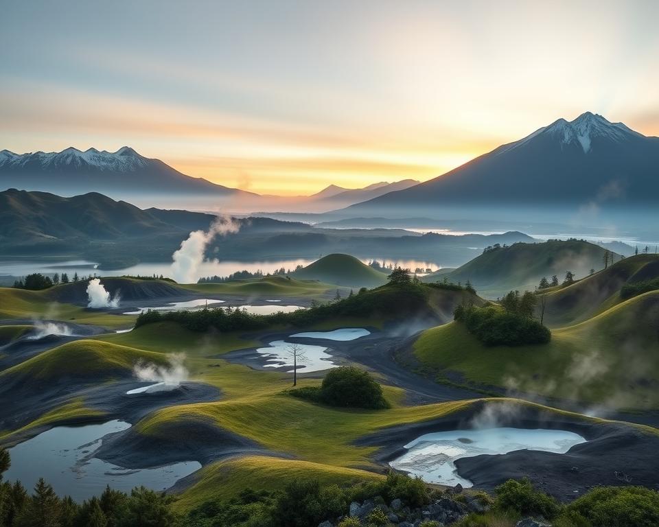 Vulkanlandschaften Rotorua Sonnenaufgang