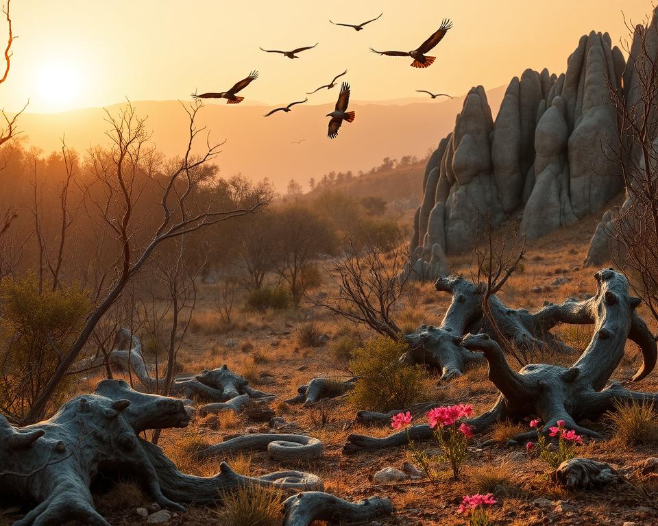 Wüstenlandschaft mit Pflanzen und Tieren im Petrified Forest