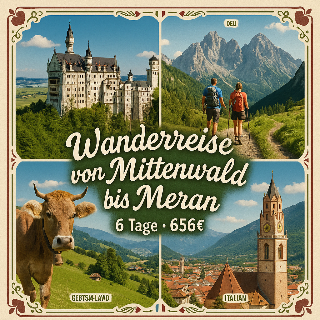 Eigene Anreise Deutschland, Österreich & Italien: Wanderreise von Mittenwald bis Meran 6 bzw. 7 Nächte 3-Sterne-Hotels/Gasthöfe mit Frühstück Gep