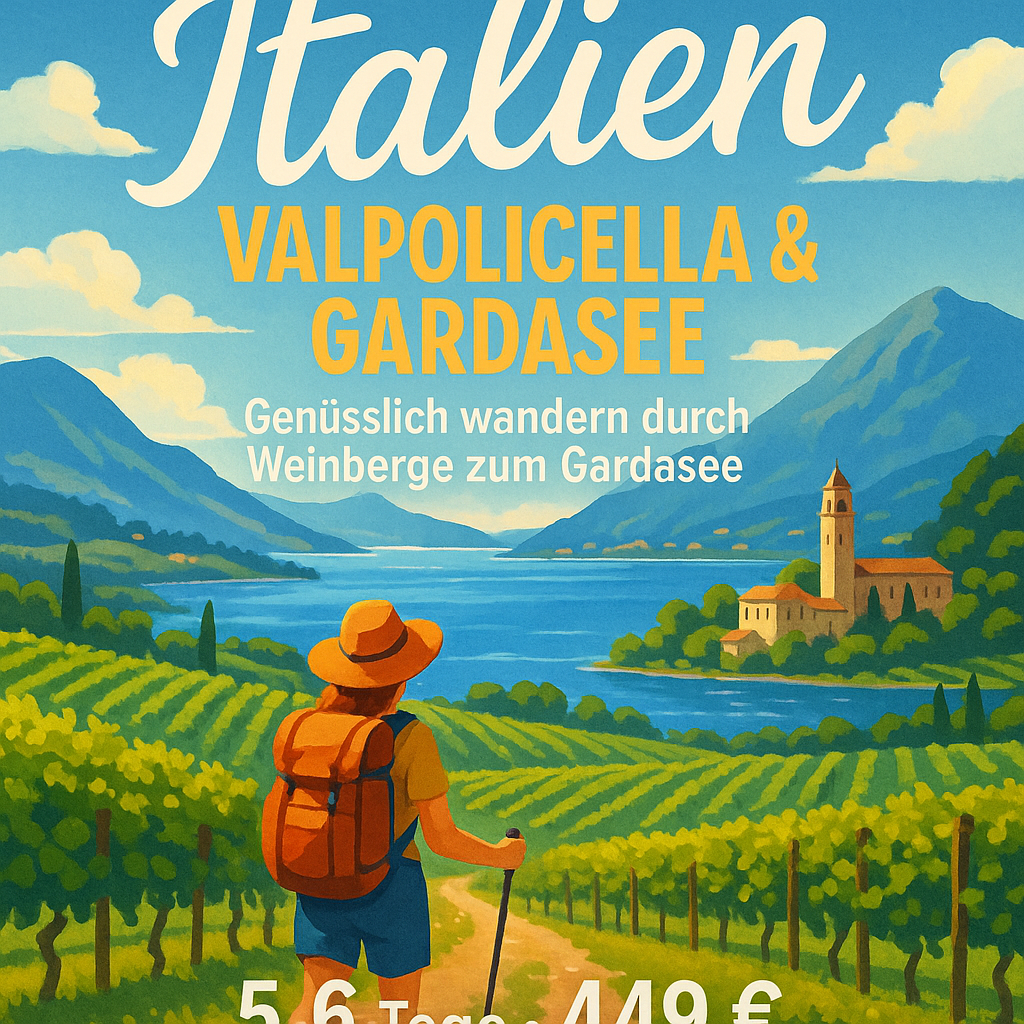 Eigene Anreise Italien – Valpolicella & Gardasee: Wanderreise von Verona bis zum Gardasee 5 bzw. 6 Nächte 3-Sterne-Hotels/Gasthöfe mit Frühstück G