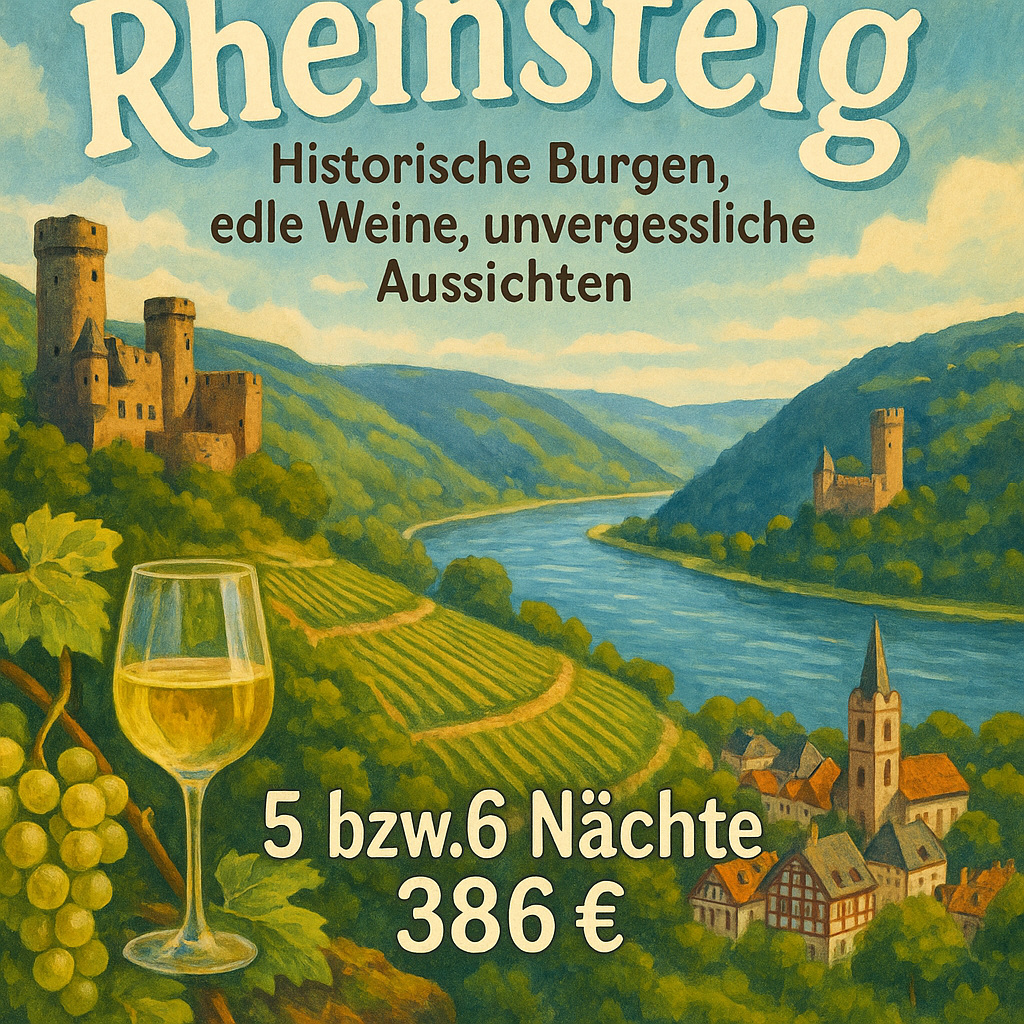 Eigene Anreise Rheinsteig: Wanderreise von Rüdesheim bis Kamp-Bornhofen 5 bzw. 6 Nächte Mittelklassehotels/Gasthöfe/Pensionen mit Frühstück Weinv