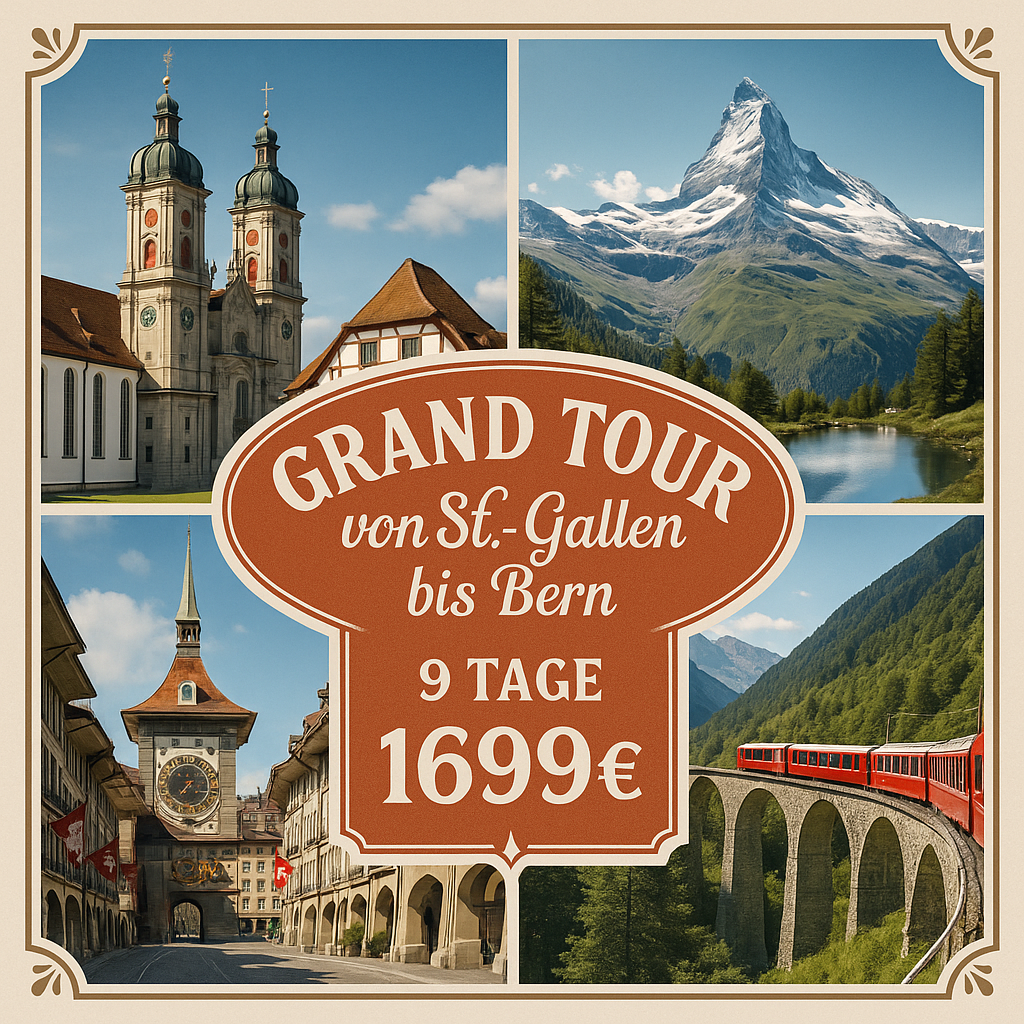 Eigene Anreise Schweiz: Grand Tour von St. Gallen bis Bern in 3-Sterne-Hotels 9 Nächte 3-Sterne-Hotels mit Frühstück Inkl. 1 x Fahrt mit dem Bernin