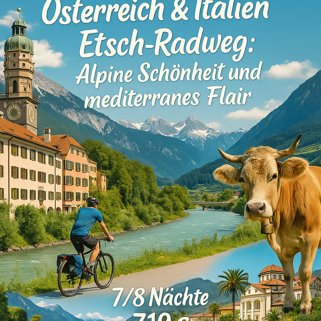 Eigene Anreise Österreich & Italien – Etsch-Radweg: Radreise von Innsbruck bis Bozen 7 bzw. 8 Nächte 3-Sterne-Hotels/Gasthöfe/Pensionen mit Frühst