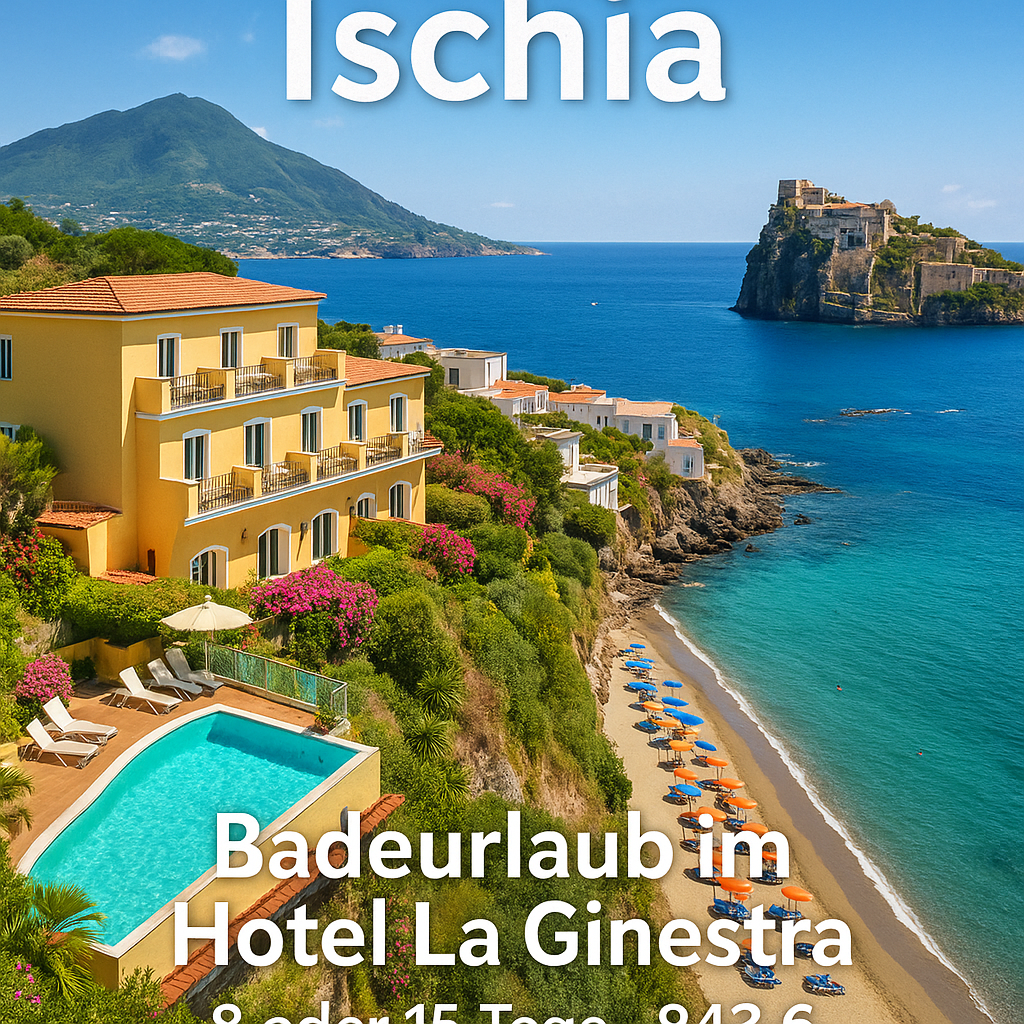 Flugreisen Italien - Ischia: Badeurlaub im Hotel La Ginestra in Forio 8-/15-tägig inkl. Flug 3-Sterne-Hotel mit Halbpension Hotel mit Panoramablick Flugreisen Italien - Ischia: Badeurlaub im Hotel La Ginestra in Forio 8-/15-tägig inkl. Flug 3-Sterne-Hotel mit Halbpension Hotel mit Panoramablick