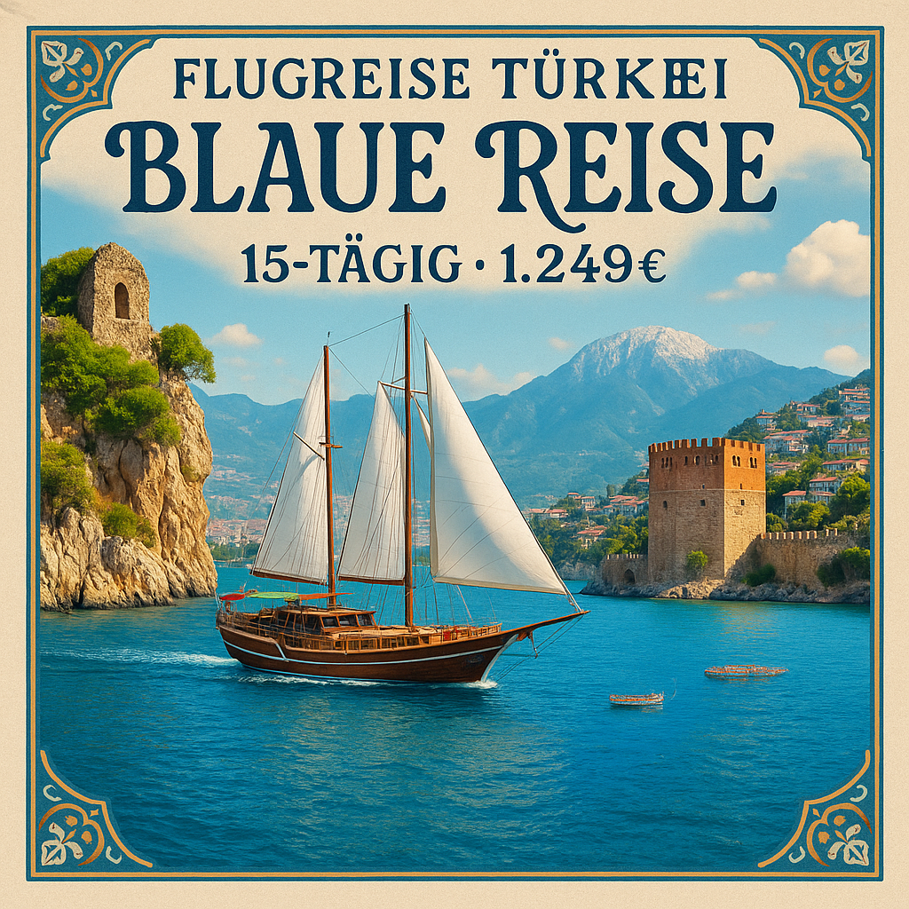 Flugreisen Türkei – Blaue Reise: Fahrt mit dem Motorsegler ab/an Kemer inkl. Baden in Alanya 15-tägig inkl. Flug Motorsegler mit Vollpension / 5-Ste