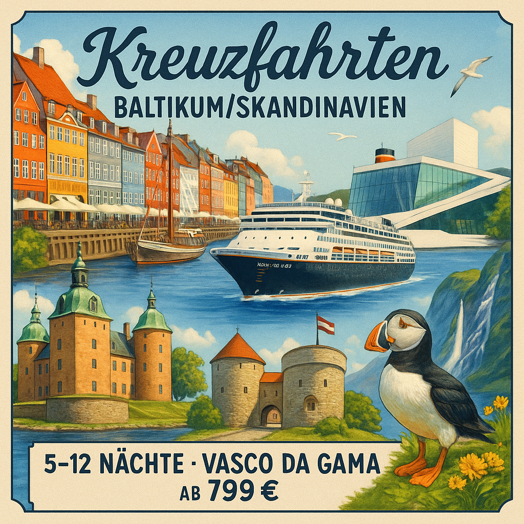 Kreuzfahrten Baltikum/Skandinavien: Kreuzfahrt mit VASCO DA GAMA ab Kiel bzw. Hamburg 5, 8, 10 bzw. 12 Nächte Premium-Schiff mit Vollpension Perlen a