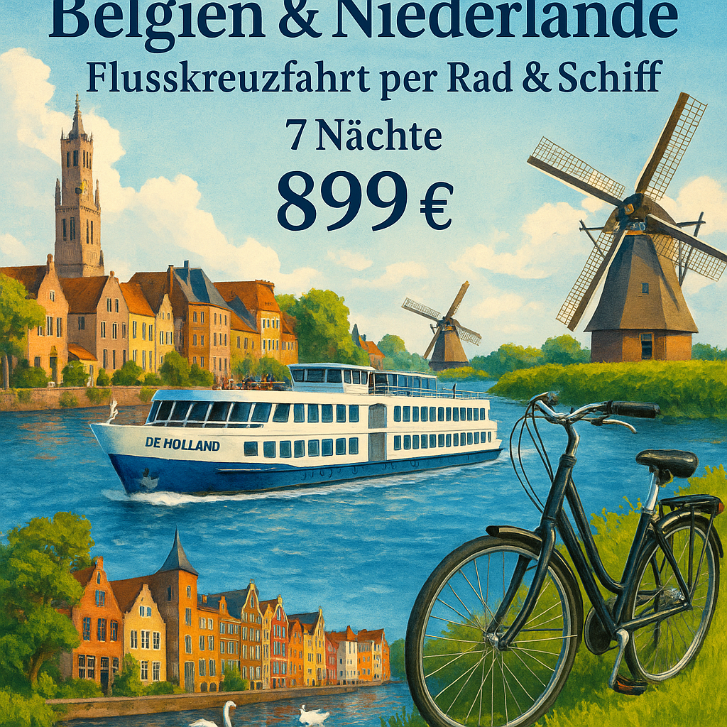 Kreuzfahrten Belgien & Niederlande: Flusskreuzfahrt per Rad & Schiff mit MS De Holland von Brügge bis Amsterdam 7 Nächte Premium-Schiff mit Vollpens
