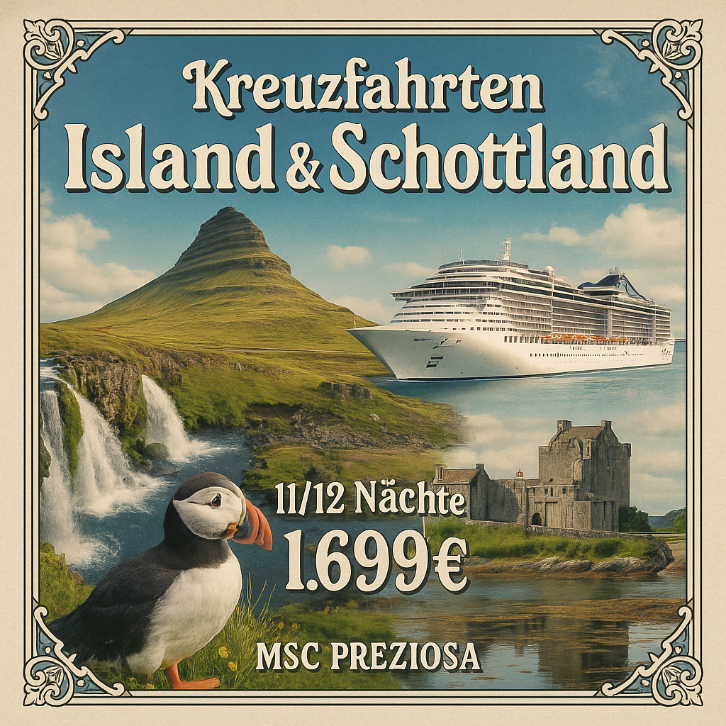 Kreuzfahrten Island & Schottland: Kreuzfahrt mit der MSC Preziosa ab/an Hamburg 11 bzw. 12 Nächte  Premium-Plus-Schiff mit Vollpension All Inclusive-