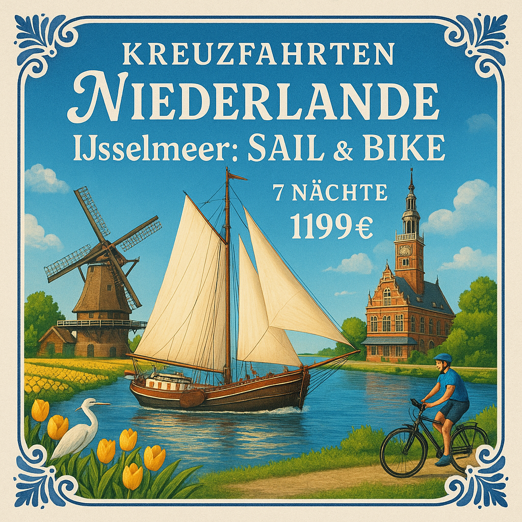 Kreuzfahrten Niederlande - IJsselmeer: Sail & Bike mit Wapen fan Fryslân ab/an Enkhuizen 7 Nächte Segelschiff mit Vollpension Inkl. Leihfahrrad i. W Kreuzfahrten Niederlande - IJsselmeer: Sail & Bike mit Wapen fan Fryslân ab/an Enkhuizen 7 Nächte Segelschiff mit Vollpension Inkl. Leihfahrrad i. W