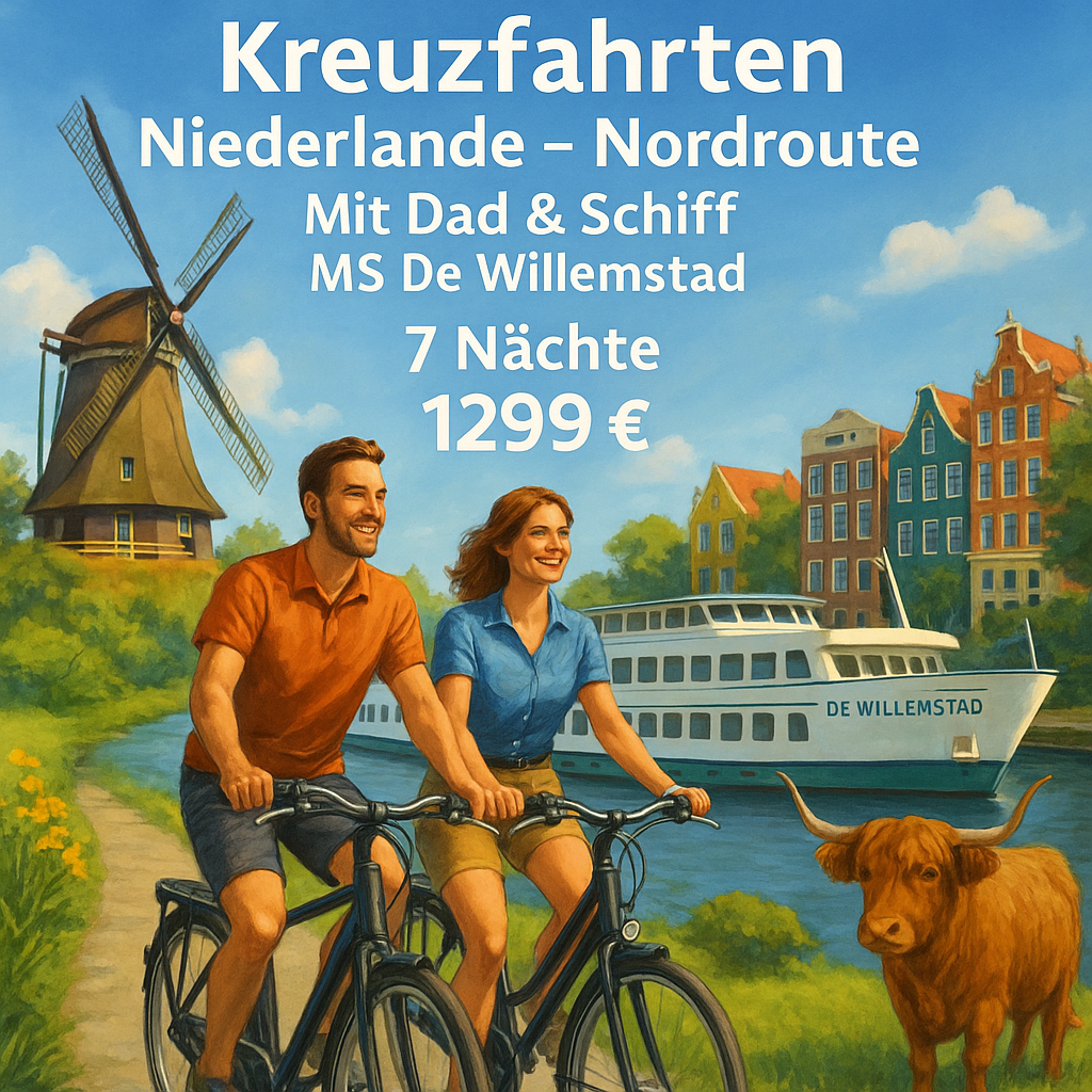 Kreuzfahrten Niederlande - Nordroute: Mit Rad & Schiff MS De Willemstad ab/an Amsterdam 7 Nächte Premium-Schiff mit Vollpension Leihfahrrad im Wert Kreuzfahrten Niederlande - Nordroute: Mit Rad & Schiff MS De Willemstad ab/an Amsterdam 7 Nächte Premium-Schiff mit Vollpension Leihfahrrad im Wert