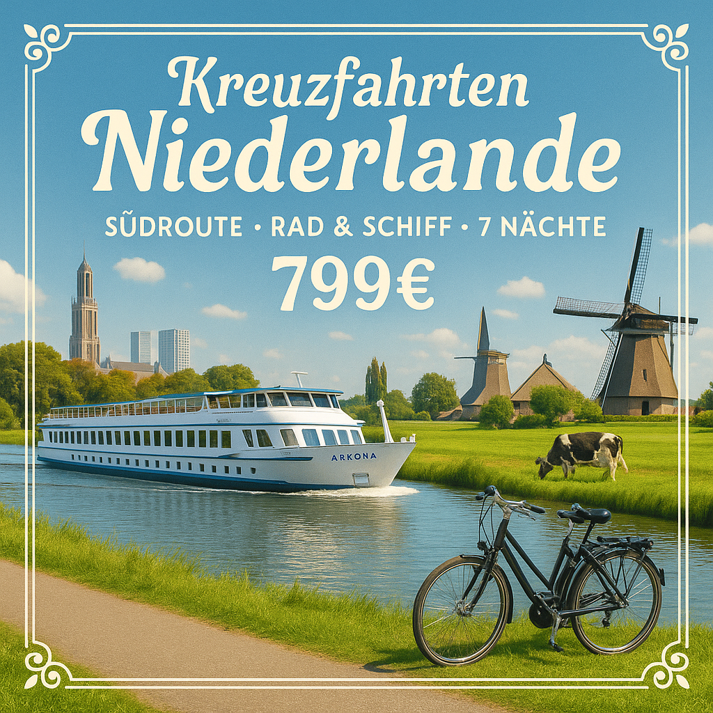 Kreuzfahrten Niederlande – Südroute: Flusskreuzfahrt per Rad & Schiff mit der Arkona ab/an Amsterdam 7 Nächte Premium-Schiff mit Vollpension Inkl. L