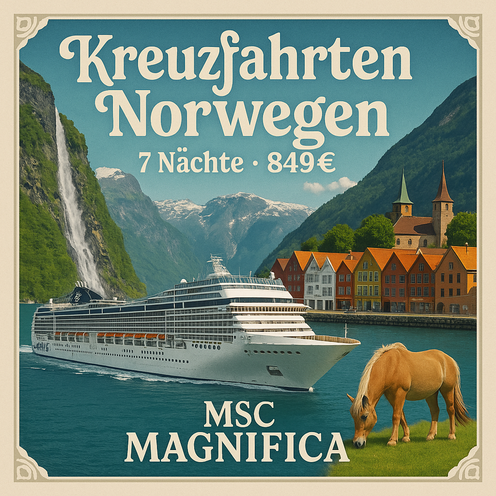 Kreuzfahrten Norwegen: Kreuzfahrt mit MSC Magnifica ab/an Warnemünde 7 Nächte Premium-Schiff mit Vollpension Inkl. Hotel-Servicegebühr an Bord i. W