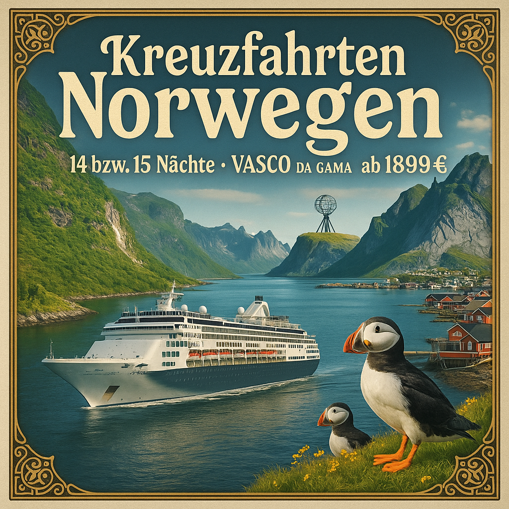Kreuzfahrten Norwegen: Kreuzfahrt mit VASCO DA GAMA ab Hamburg oder Kiel 14 bzw. 15 Nächte Premium-Schiff mit Vollpension Norwegens Naturwunder inten