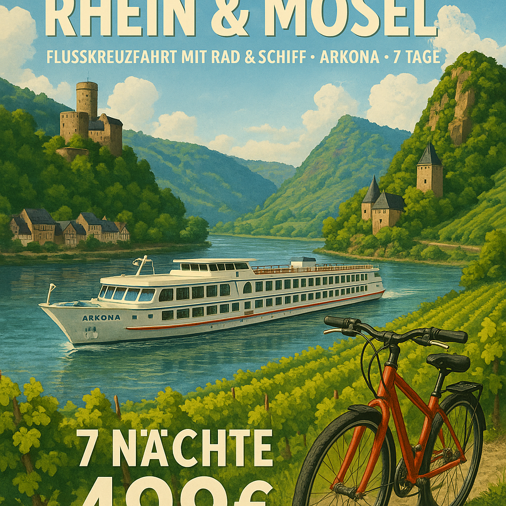 Kreuzfahrten Rhein & Mosel: Flusskreuzfahrt mit Rad & Schiff Arkona ab/an Koblenz 7 Nächte Premium-Schiff mit Vollpension Inkl. Leihfahrrad i. W. v. Kreuzfahrten Rhein & Mosel: Flusskreuzfahrt mit Rad & Schiff Arkona ab/an Koblenz 7 Nächte Premium-Schiff mit Vollpension Inkl. Leihfahrrad i. W. v.