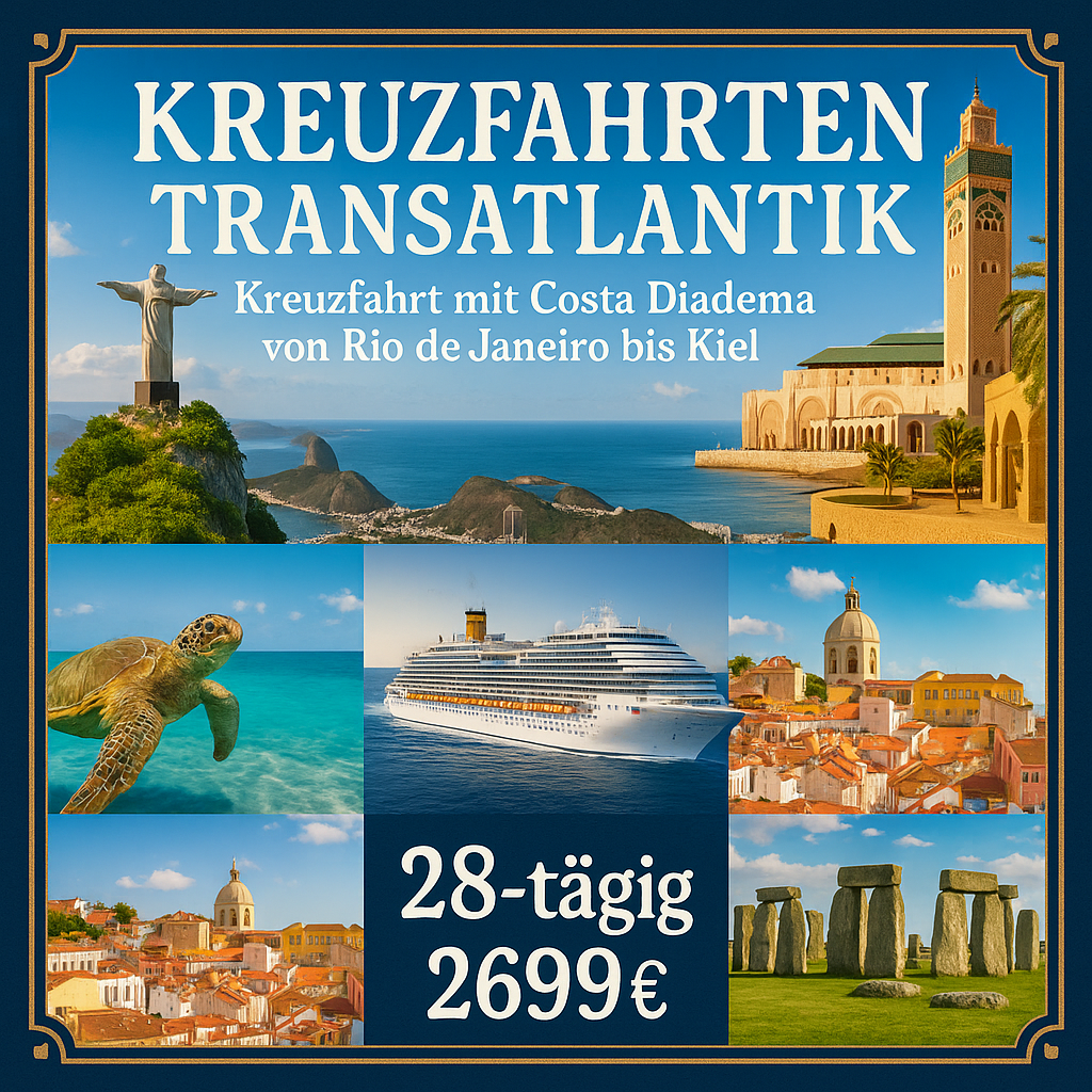 Kreuzfahrten Transatlantik: Kreuzfahrt mit Costa Diadema von Rio de Janeiro bis Kiel inkl. Hinflug 28-tägig inkl. Hinflug Premium-Schiff mit Vollpens Kreuzfahrten Transatlantik: Kreuzfahrt mit Costa Diadema von Rio de Janeiro bis Kiel inkl. Hinflug 28-tägig inkl. Hinflug Premium-Schiff mit Vollpens