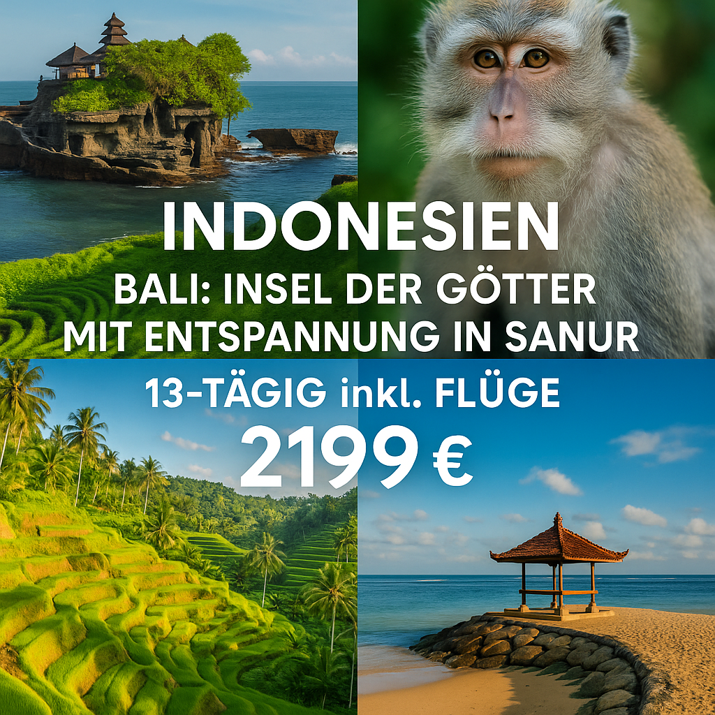 Kombinationsreisen Indonesien – Bali: Insel der Götter mit Entspannung in Sanur 13-tägig inkl. Flug 4-Sterne-Hotels inkl. Frühstück Wanderung durc