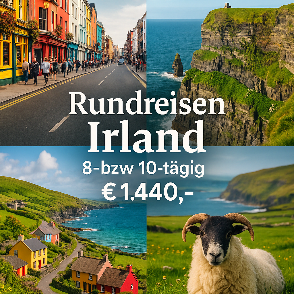 Rundreisen Irland: Lebhafte Straßen, schroffe Klippen & hübsche Dörfer 8- bzw. 10-tägig inkl. Flüge Mittelklassehotels mit Verpflegung Inkl. Ausf