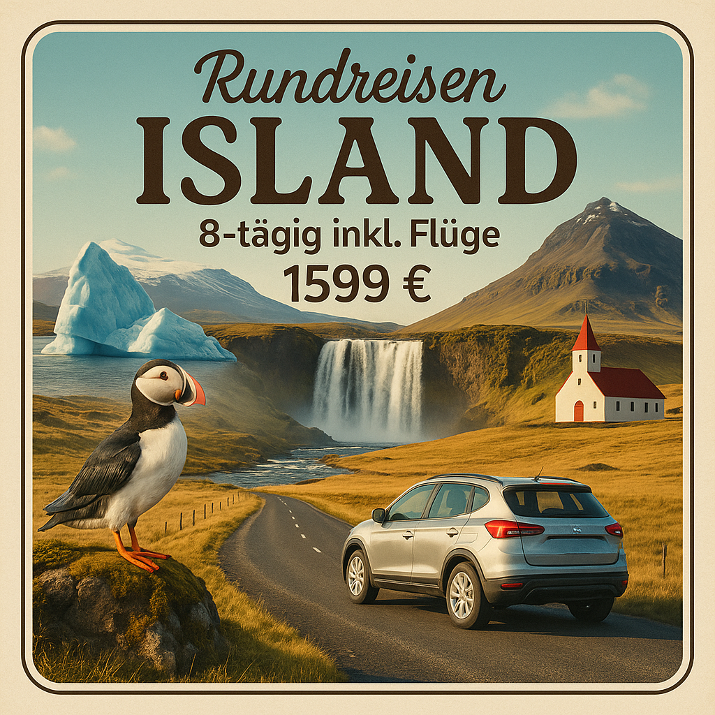 Rundreisen Island: Losfahren und die Natur ganz nah erleben 8-tägig inkl. Flüge Mittelklassehotels mit Frühstück Route inkl. Mietwagen und festen