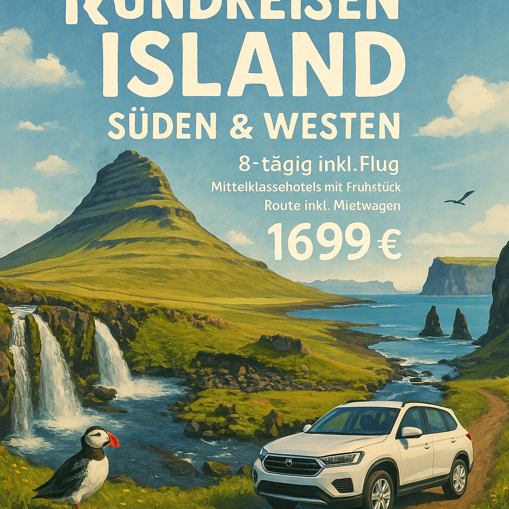 Rundreisen Island – Süden & Westen: Mietwagen-Rundreise ab/an Reykjavík 8-tägig inkl. Flug Mittelklassehotels mit Frühstück Route inkl. Mietwagen