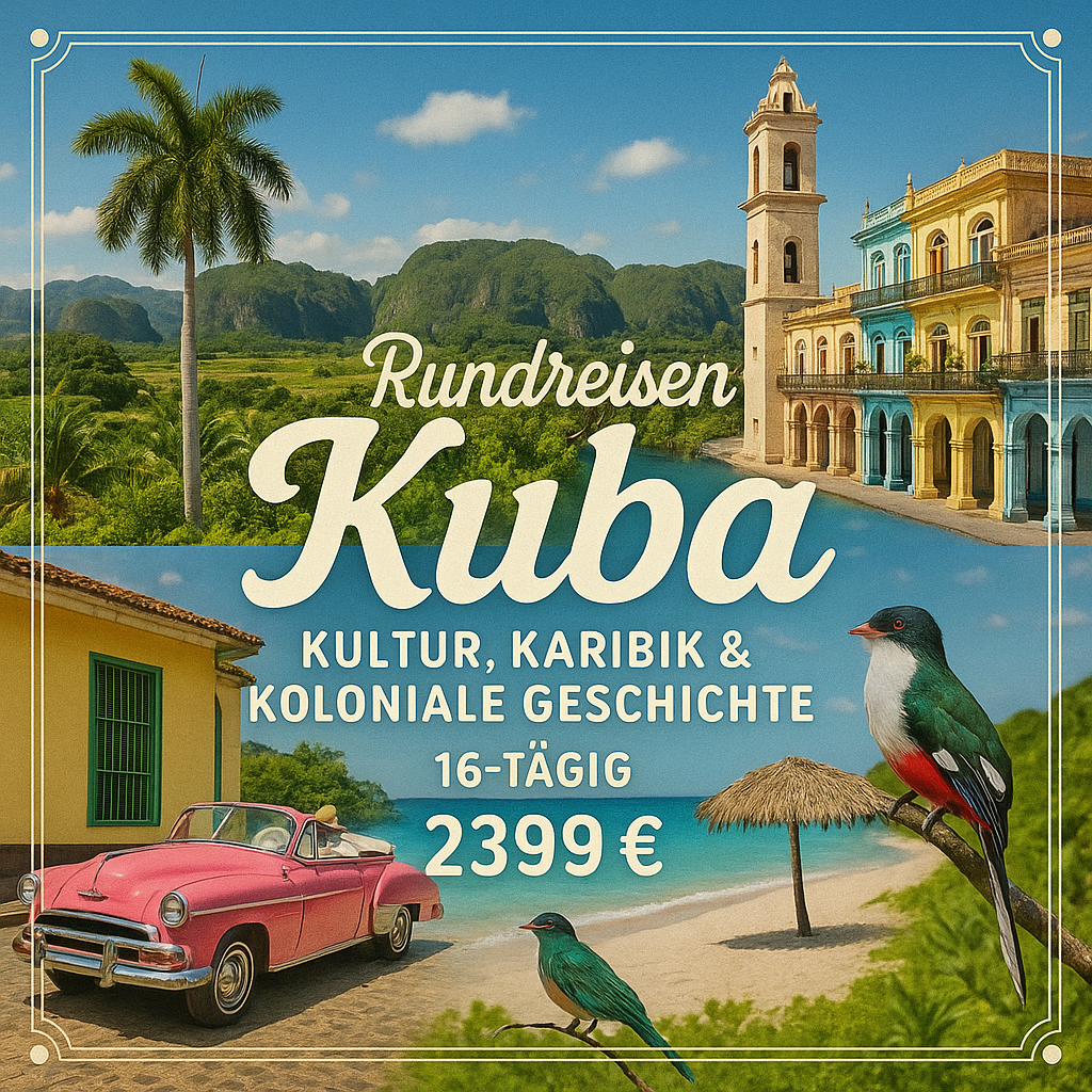 Kombinationsreisen Kuba: Kultur, Karibik & koloniale Geschichte 16-tägig inkl. Flüge Mittelklassehotels mit Vollpension / 5-Sterne-Hotel mit All Inc