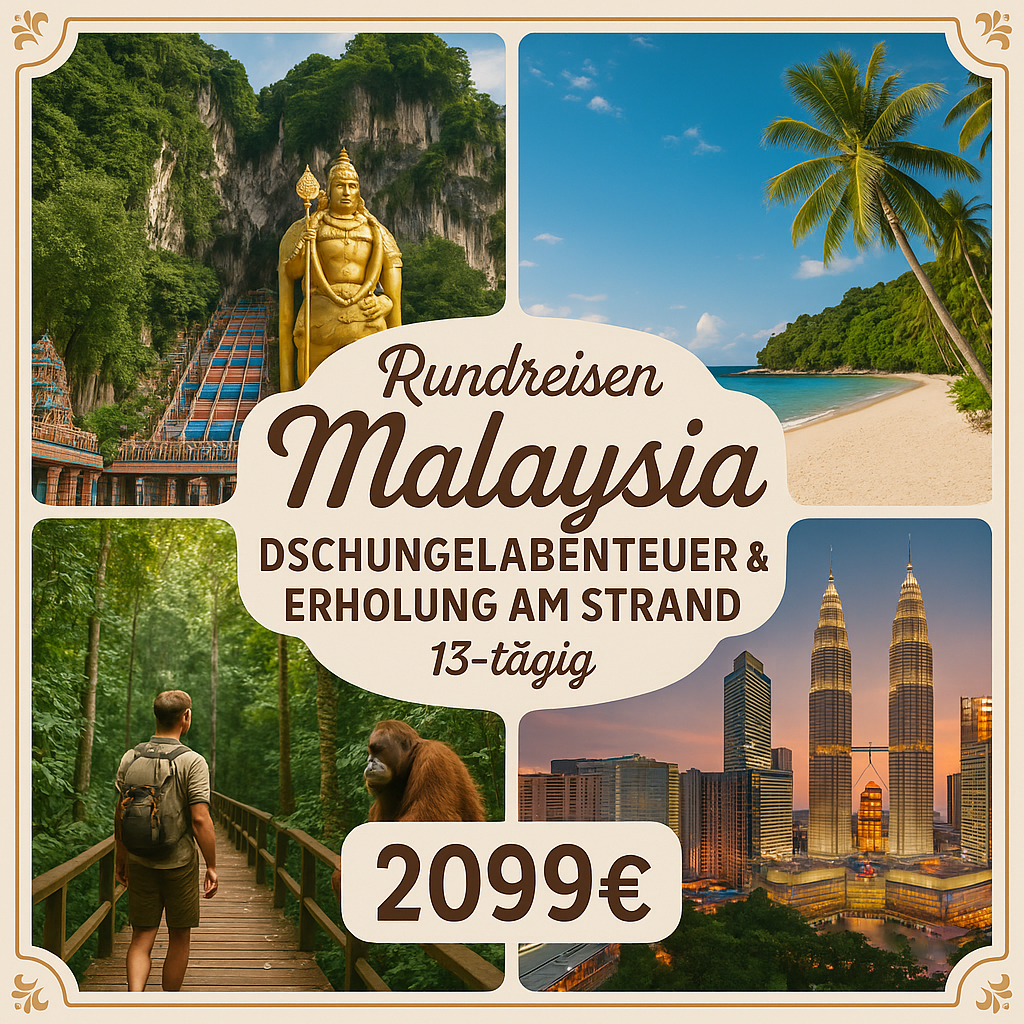 Kombinationsreisen Malaysia: Dschungelabenteuer & Erholung am Strand im 4-Sterne-Hotel 13-tägig inkl. Flüge 3-/4-Sterne-Hotels mit Verpflegung Inkl.