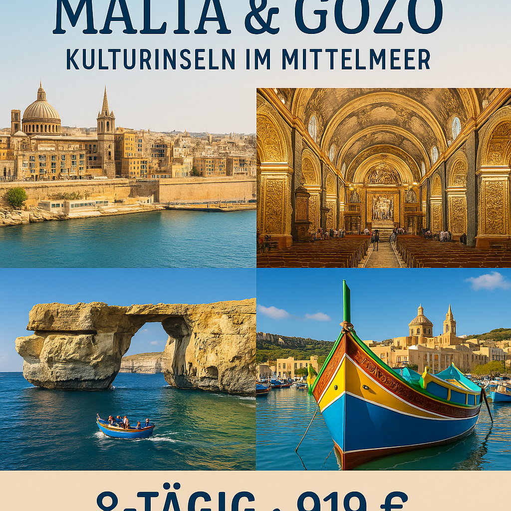 Kombinationsreisen Malta & Gozo: Kulturinseln im Mittelmeer 8-tägig inkl. Flug 4-Sterne-Hotels mit Frühstück Inkl. Ganztagsausflug auf Gozo i. W. v