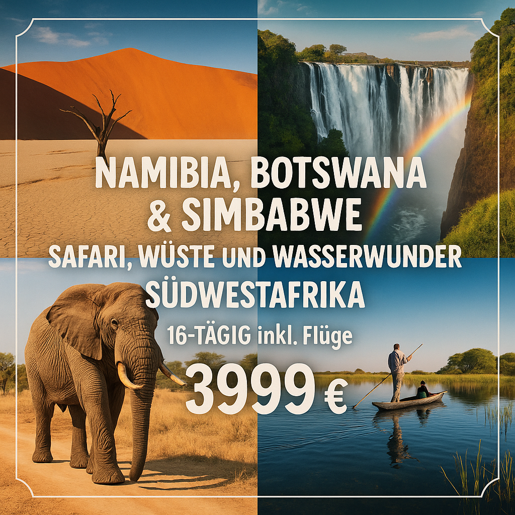 Rundreisen Namibia, Botswana & Simbabwe: Safari, Wüste und Wasserwunder in Südwestafrika 16-tägig inkl. Flüge Mittelklassehotels/Lodges mit Verpfl