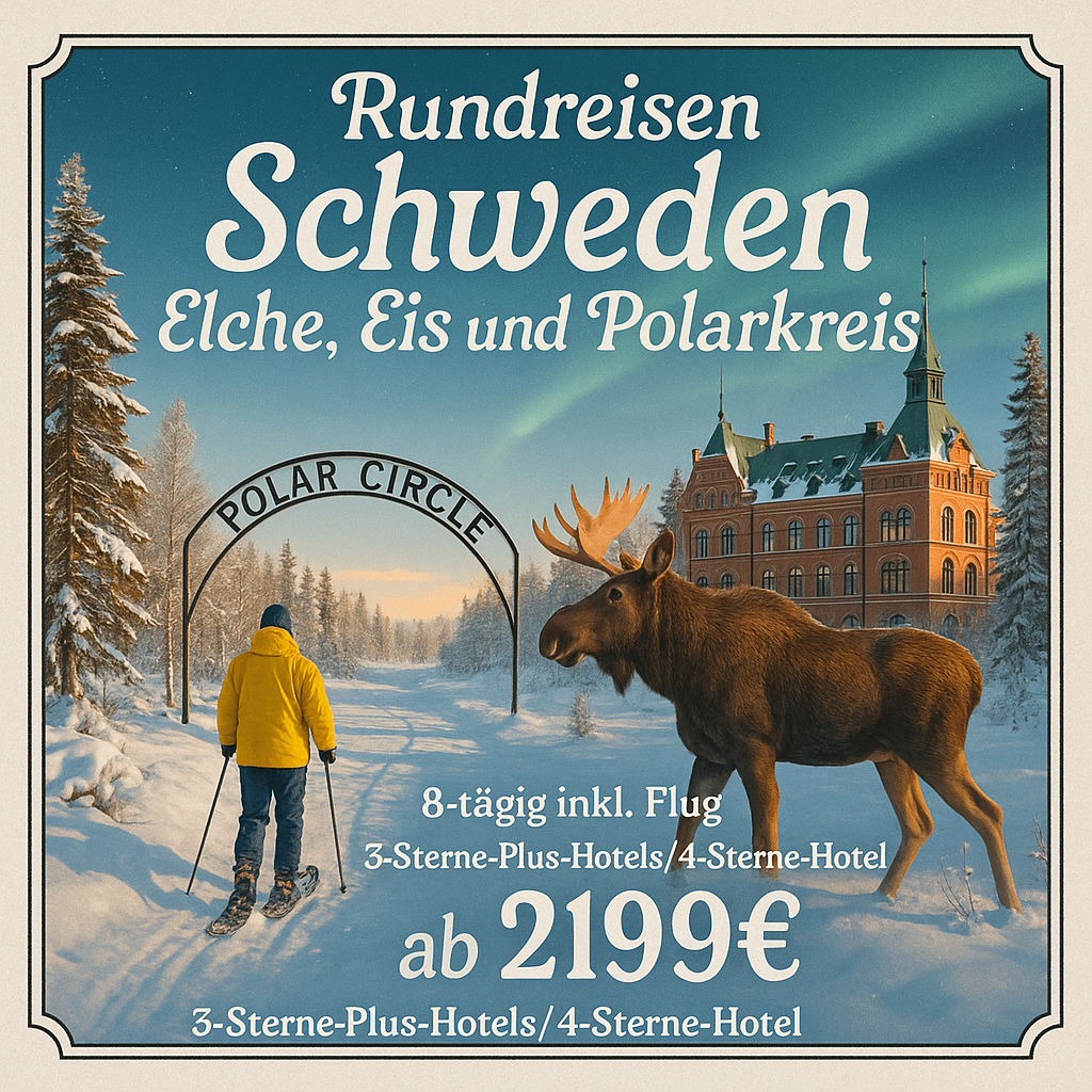 Rundreisen Schweden: Elche, Eis und nordische Ruhe im Elite Stadshotellet 8-tägig inkl. Flug 3-Sterne-Plus-Hotels/4-Sterne-Hotel mit Verpflegung Inkl Rundreisen Schweden: Elche, Eis und nordische Ruhe im Elite Stadshotellet 8-tägig inkl. Flug 3-Sterne-Plus-Hotels/4-Sterne-Hotel mit Verpflegung Inkl