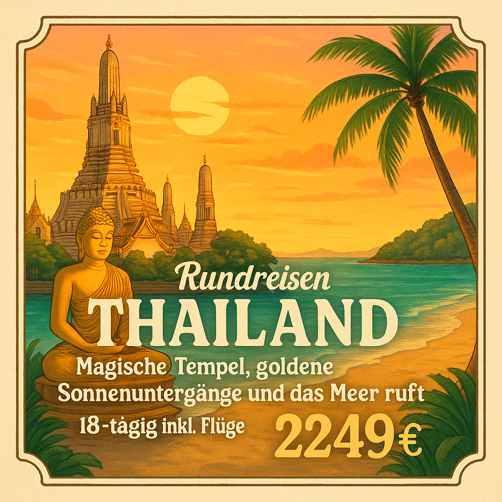 Rundreisen Thailand: Magische Tempel, goldene Sonnenuntergänge und das Meer ruft 18-tägig inkl. Flüge 3-/4-Sterne-Hotels mit Verpflegung / 3-Sterne