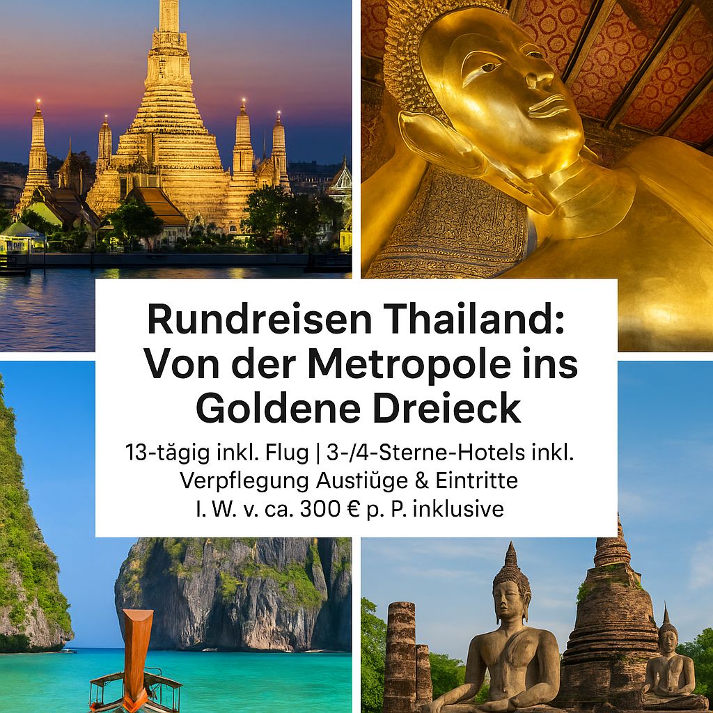 Rundreisen Thailand: Von der Metropole ins Goldene Dreieck 13-tägig inkl. Flug 3-/4-Sterne-Hotels inkl. Verpflegung   Ausflüge & Eintritte i. W. v.