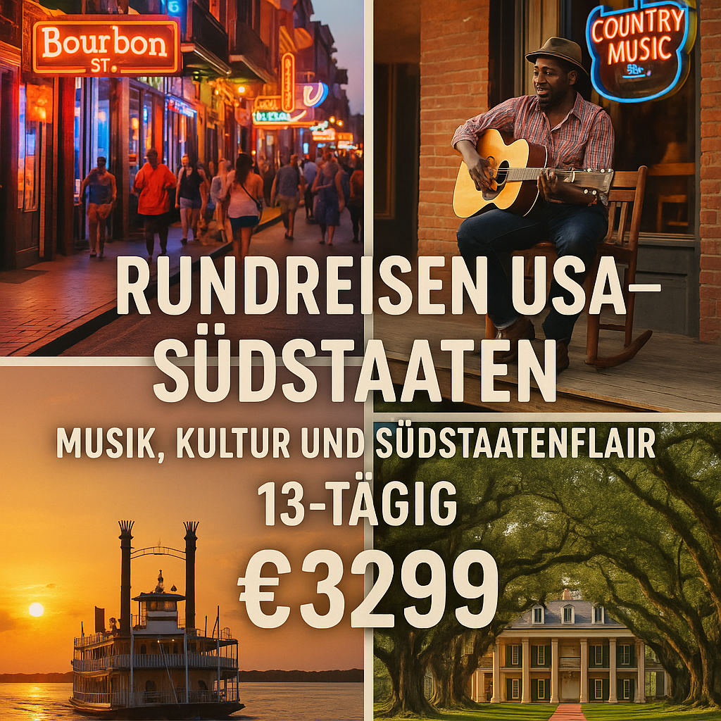 Rundreisen USA - Südstaaten: Musik, Kultur und Südstaatenflair 13-tägig inkl. Flüge Mittelklassehotels mit Frühstück Inkl. Ausflüge & Eintritte Rundreisen USA - Südstaaten: Musik, Kultur und Südstaatenflair 13-tägig inkl. Flüge Mittelklassehotels mit Frühstück Inkl. Ausflüge & Eintritte