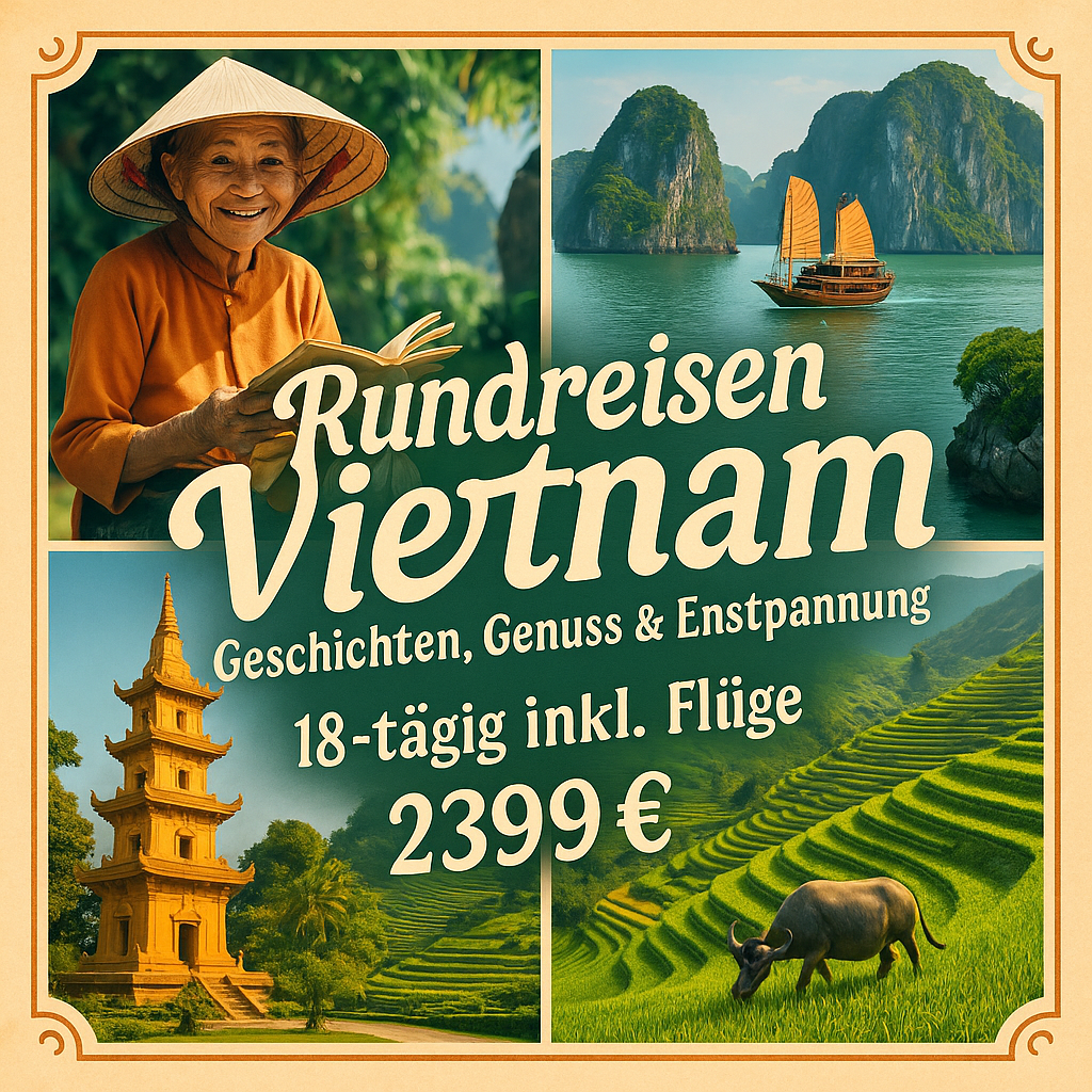 Rundreisen Vietnam: Geschichten, Genuss & Entspannung 18-tägig inkl. Flüge Mittelklassehotels/Dschunke/4-Sterne-Hotel mit Verpflegung Inkl. 1 Nacht