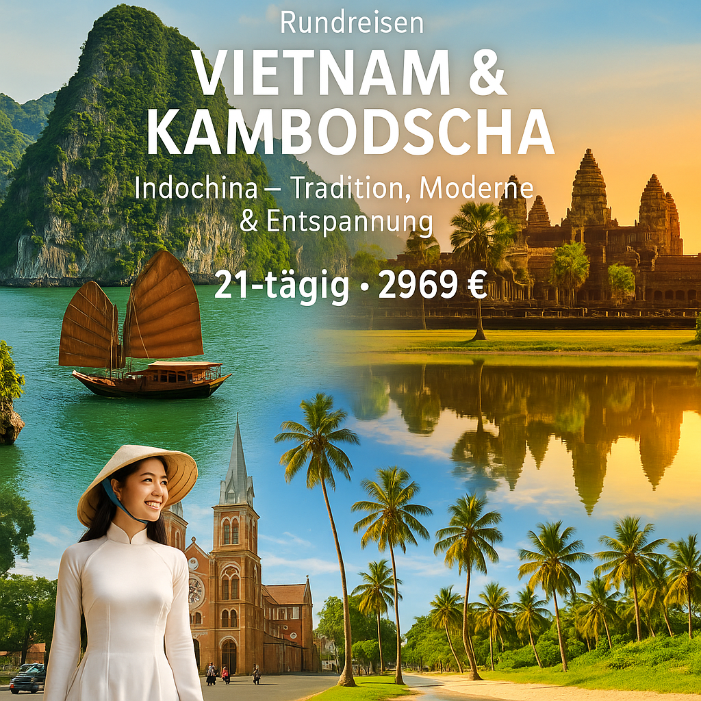 Kombinationsreisen Vietnam & Kambodscha: Indochina - Tradition, Moderne & Entspannung 21-tägig inkl. Flug Mittelklassehotels/Dschunke/4-Sterne-Hotel