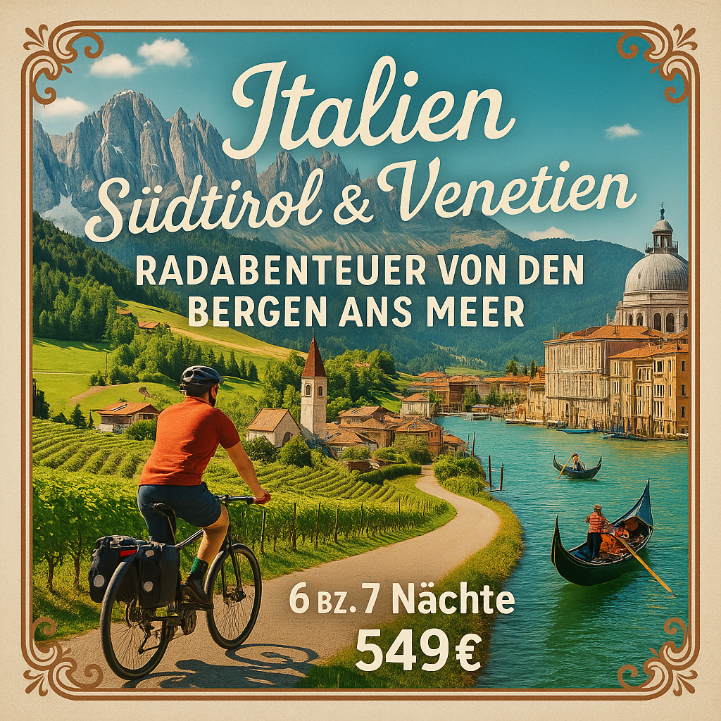 Eigene Anreise Italien - Südtirol & Venetien: Radabenteuer von den Bergen ans Meer 6 bzw. 7 Nächte 3- bzw. 4-Sterne-Hotels mit Frühstück Inkl. Gep