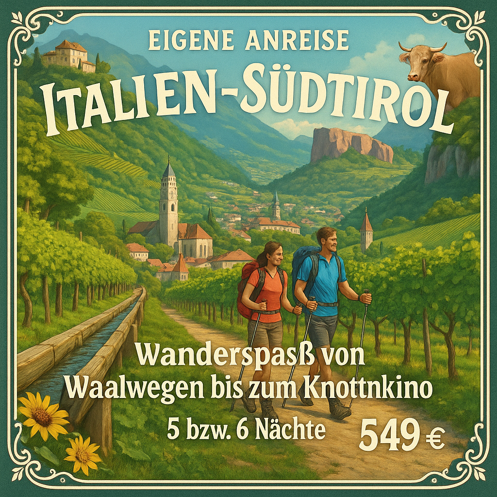 Eigene Anreise Italien - Südtirol: Wanderspaß von Waalwegen bis zum Knottnkino 5 bzw. 6 Nächte 3-Sterne-Hotels/Gasthöfe mit Frühstück Inkl. Gep?