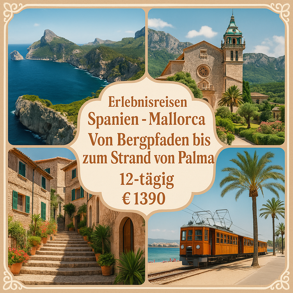 Erlebnisreisen Spanien - Mallorca: Von Bergpfaden bis zum Strand von Palma 12-tägig inkl. Flüge 3-/4-Sterne-Hotels/Kloster/4-Sterne-Hotel mit Verpfl Erlebnisreisen Spanien - Mallorca: Von Bergpfaden bis zum Strand von Palma 12-tägig inkl. Flüge 3-/4-Sterne-Hotels/Kloster/4-Sterne-Hotel mit Verpfl