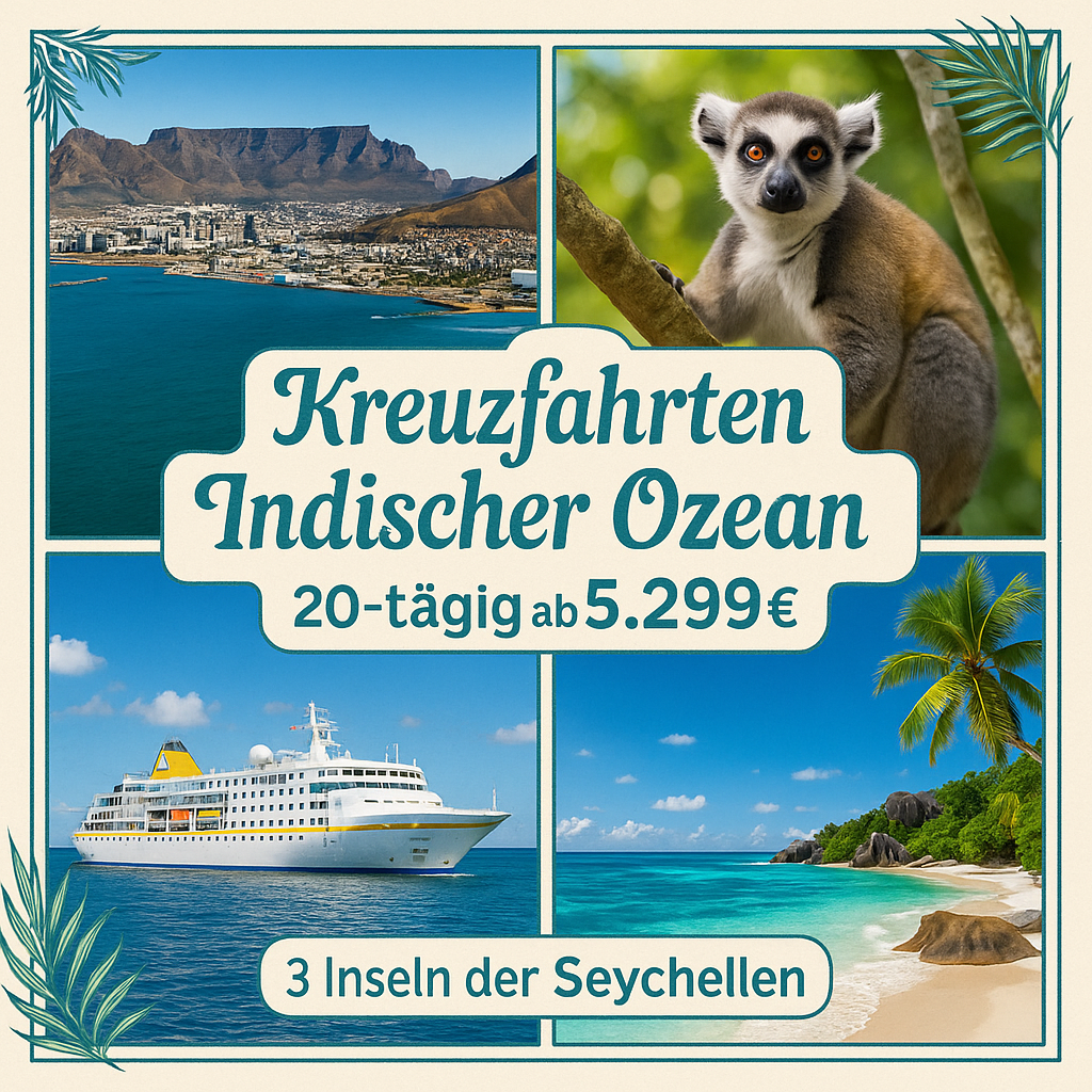 Kreuzfahrten Indischer Ozean: Kreuzfahrt mit MS Hamburg von Kapstadt bis Victoria 20-tägig inkl. Flüge Premium-Schiff mit Vollpension 3 Inseln der t