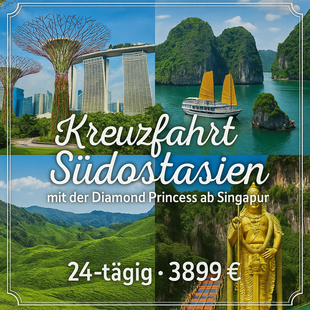 Kreuzfahrten Südostasien: Kreuzfahrt mit der Diamond Princess ab/an Singapur inkl. Malaysia-Rundreise 24-tägig inkl. Flüge 3-/4-Sterne-Hotels mit F