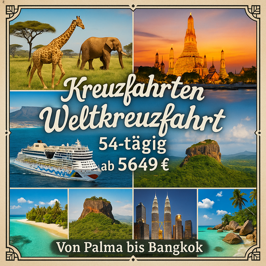 Kreuzfahrten Weltkreuzfahrt: Mit AIDAstella von Palma bis Bangkok inkl. 2 Übernachtungen in Bangkok 54-tägig inkl. Flüge 4-Sterne-Superior-Hotel mi