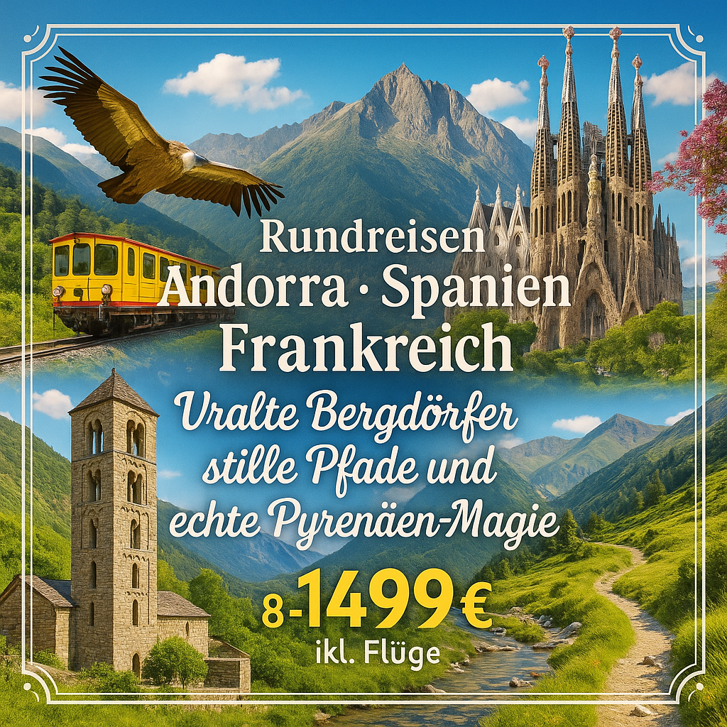 Rundreisen Andorra - Spanien - Frankreich: Uralte Bergdörfer, stille Pfade und echte Pyrenäen-Magie 8-tägig inkl. Flüge 4-Sterne-Hotel mit Frühst