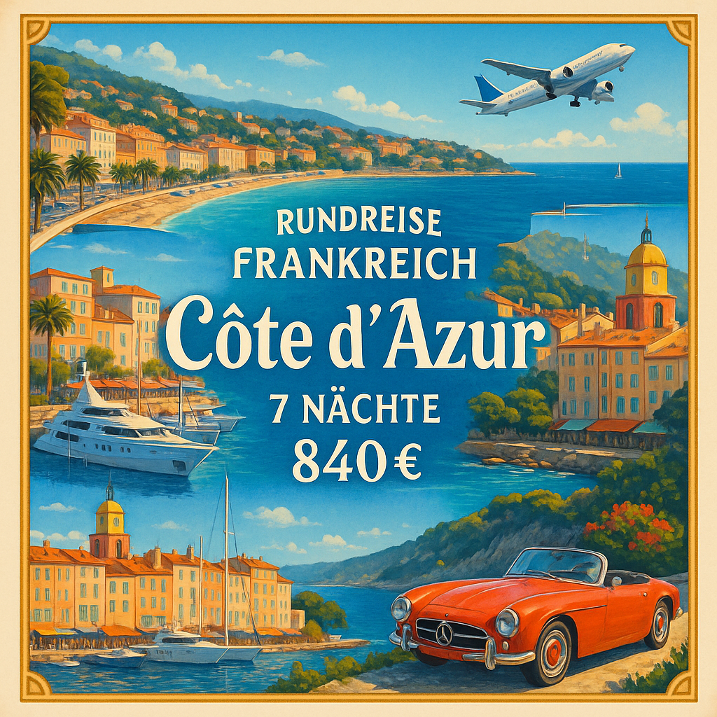 Rundreisen Frankreich - Côte d'Azur: Flexible Mietwagen-Rundreise ab/an Nizza: Küstentour entlang der Côte d'Azur 6 Nächte Route, Dauer und weiter Rundreisen Frankreich - Côte d'Azur: Flexible Mietwagen-Rundreise ab/an Nizza: Küstentour entlang der Côte d'Azur 6 Nächte Route, Dauer und weiter