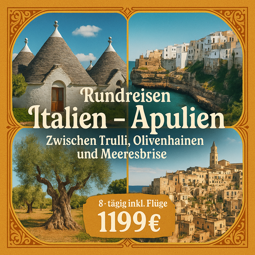 Rundreisen Italien - Apulien: Zwischen Trulli, Olivenhainen und Meeresbrise 8-tägig inkl. Flüge 4-Sterne-Hotels mit Halbpension Inkl. Ausflüge & Ei
