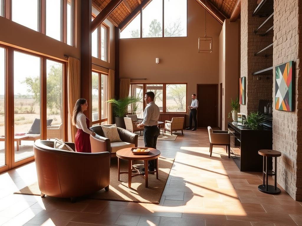 A beautifully designed Namibian resort nestled in the lush wilderness, Mokuti Etosha Lodge exudes an air of refined luxury. The image depicts the resort's serene reception area, with a warm, earthy color palette and natural materials like wood and stone creating a welcoming atmosphere. Sunlight filters through large windows, casting a soft glow over the elegant furnishings and attentive staff, ready to assist guests with their every need. The composition emphasizes the lodge's attention to detail and exceptional service, perfectly capturing the "Besondere Angebote & Service" experience.