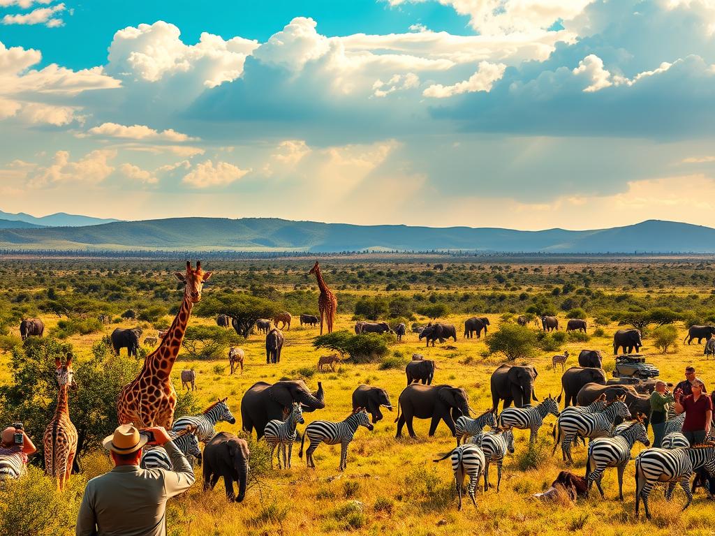 A breathtaking African safari landscape, bathed in warm afternoon sunlight. In the foreground, a diverse array of wild animals - graceful giraffes, majestic elephants, and playful zebras - observed intently by awestruck visitors through powerful telephoto lenses. The middle ground features a lush, verdant savanna, dotted with acacia trees and meandering herds. The background is dominated by rolling hills and a dramatic cloudscape, creating a sense of vast, untamed wilderness. The overall scene evokes a perfect balance of tranquility and excitement, capturing the essence of the ultimate safari adventure.