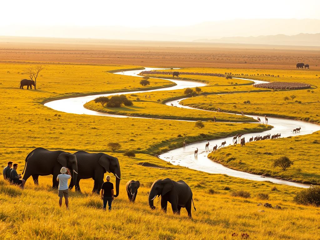 A breathtaking African savanna landscape, bathed in warm golden light. In the foreground, a small group of travelers gaze in awe at a majestic herd of elephants as they gracefully traverse the lush, verdant grasslands. The middle ground features a winding river, its banks dotted with acacia trees and a herd of gazelles in the distance. The background showcases the silhouettes of distant mountains, creating a serene and picturesque tableau. The scene is captured with a wide-angle lens, creating a sense of grandeur and immersion. The overall mood is one of tranquility and wonder, inviting the viewer to embark on an exclusive, once-in-a-lifetime safari adventure.