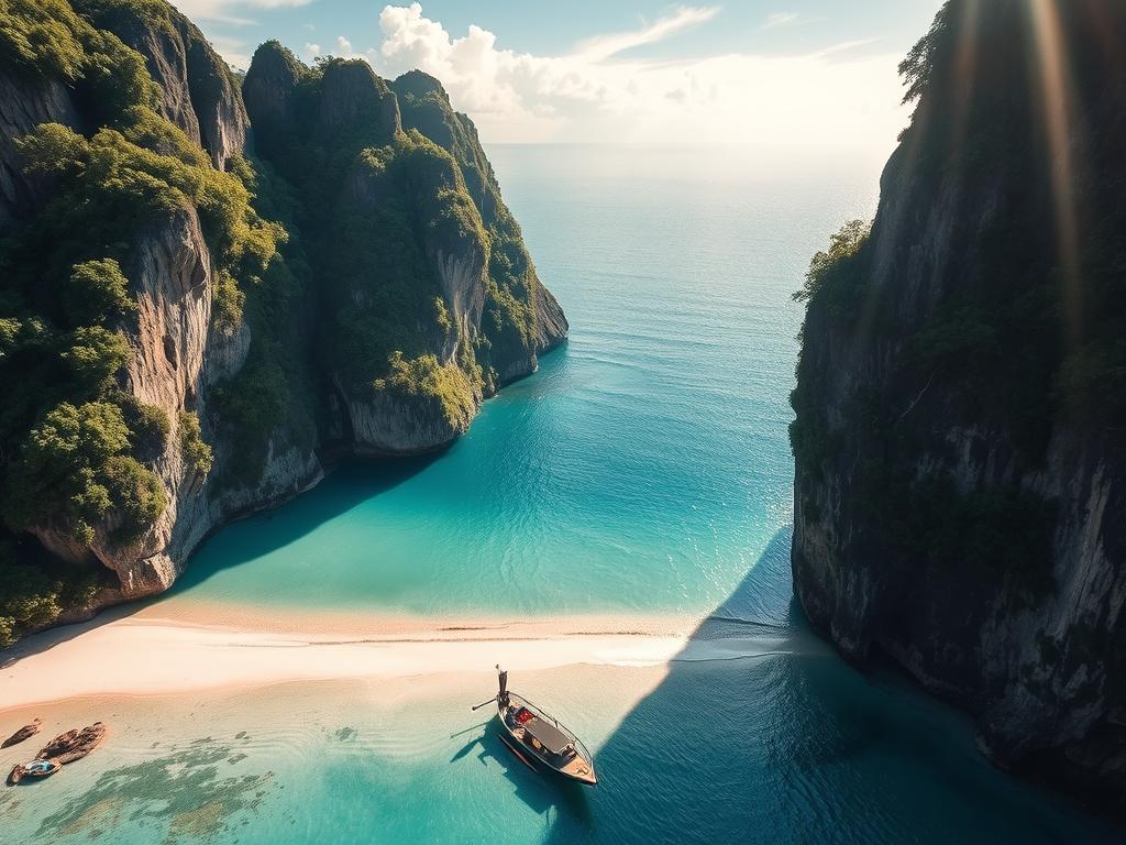 A breathtaking aerial view of Railay Beach in Krabi, Thailand. The tranquil turquoise waters and pristine white sand are framed by towering limestone cliffs, casting dramatic shadows across the scene. Lush tropical foliage cascades down the rocky outcrops, creating a serene and secluded atmosphere. Sunlight filters through wispy clouds, illuminating the natural beauty of this hidden paradise. A small longtail boat gently sways on the calm waves, inviting exploration of the coves and hidden lagoons along the coastline. This idyllic landscape evokes a sense of wonder and tranquility, perfectly capturing the essence of Ao Nang's natural splendor.