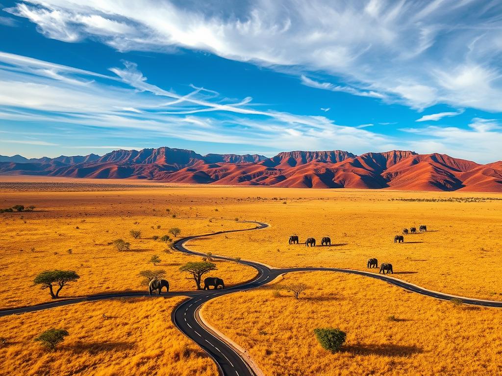 A breathtaking aerial view of the Serengeti National Park, Tanzania. In the foreground, a winding safari road weaves through the vast, golden savanna, dotted with clusters of acacia trees. In the middle ground, a herd of majestic elephants ambles across the landscape, their trunks swaying. In the distance, the rugged, undulating hills of the Serengeti rise up, bathed in warm, golden light. The sky is a brilliant azure, with wispy clouds drifting overhead. The scene captures the raw, untamed beauty of this iconic African wilderness, inviting the viewer to embark on a thrilling safari adventure.
