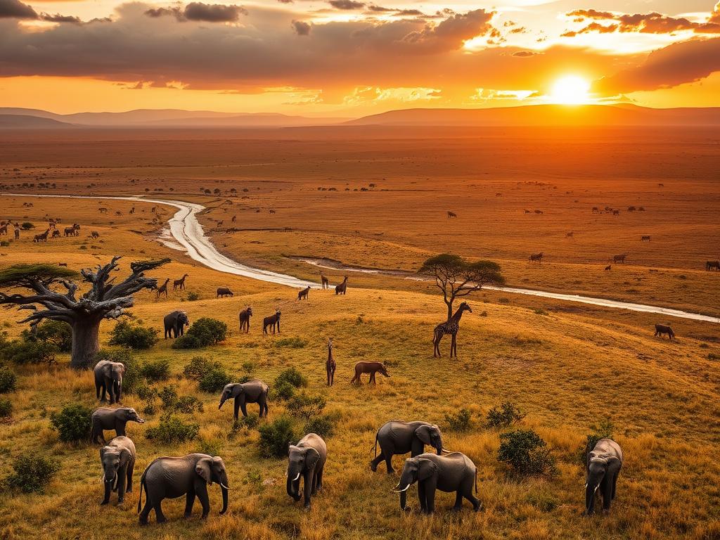 A breathtaking aerial view of the expansive Masai Mara National Reserve in Kenya, showcasing its vast grasslands dotted with acacia trees and the winding Mara River. In the foreground, a herd of elephants majestically roams the savanna, their trunks swaying in the warm breeze. Majestic giraffes graze on the lush foliage, their long necks towering above the landscape. In the middle ground, a pride of lions rests under the shade of a lone baobab tree, their watchful eyes scanning the horizon. The background is dominated by the rolling hills and dramatic skies, painted in shades of gold and orange as the sun begins to set, casting a warm glow over the entire scene. This image captures the essence of the Masai Mara, a true African safari destination teeming with wildlife and natural beauty.