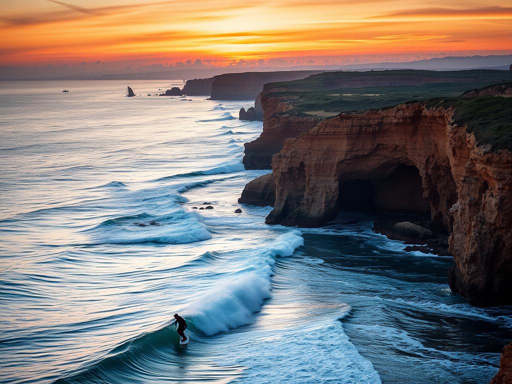 A breathtaking coastal scene along the Algarve, Portugal. In the foreground, a surfer rides a perfect wave, their silhouette etched against the setting sun. Rugged cliffs and hidden caves line the middle ground, while the distant horizon is dotted with vibrant orange and pink hues. The air is crisp, carrying the salty tang of the Atlantic. A sense of adventure and freedom pervades the frame, capturing the essence of surfing, coasteering, and dune exploration along this stunning stretch of coastline.