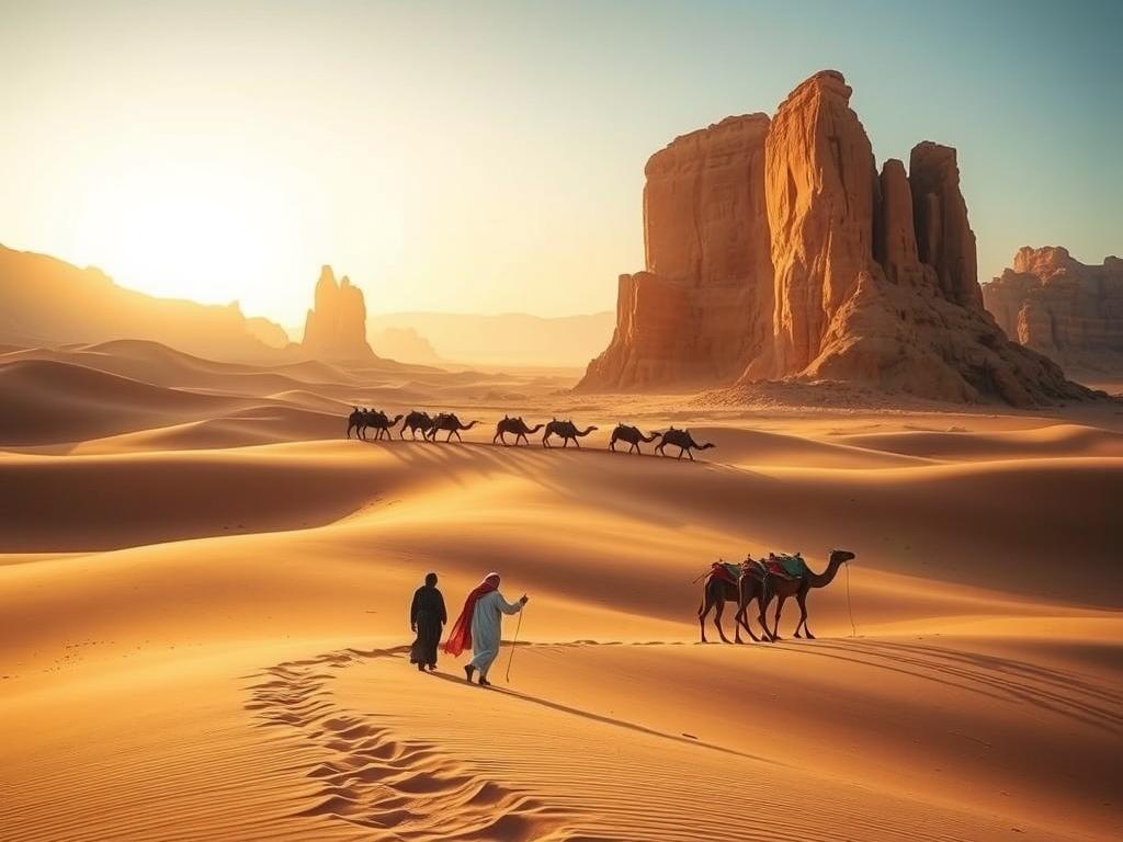 A breathtaking desert landscape in Saudi Arabia, bathed in warm, golden sunlight. In the foreground, a group of travelers navigates a winding path, their traditional garments flowing in the gentle breeze. In the middle ground, a majestic camel caravan meanders across the dunes, its silhouette casting long shadows on the sand. In the distance, towering sand cliffs and rock formations rise, their rugged beauty accentuated by the dramatic lighting. The scene exudes a sense of adventure, cultural richness, and the timeless allure of the Arabian Peninsula.